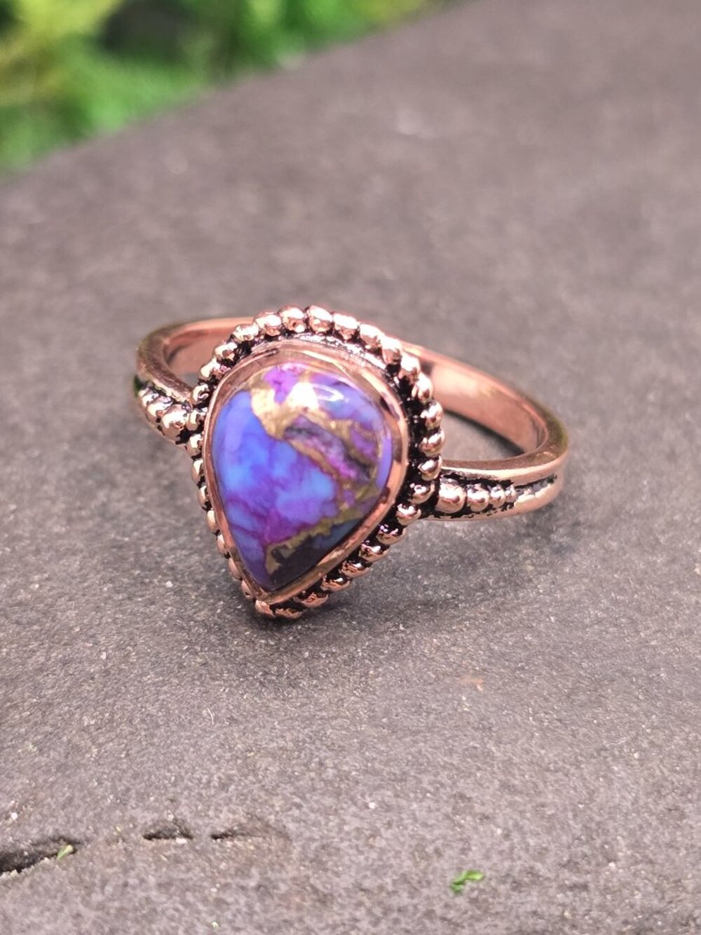 Purple Copper Oyster Turquoise Teardrop Ring Size 7 Copper Jewelry